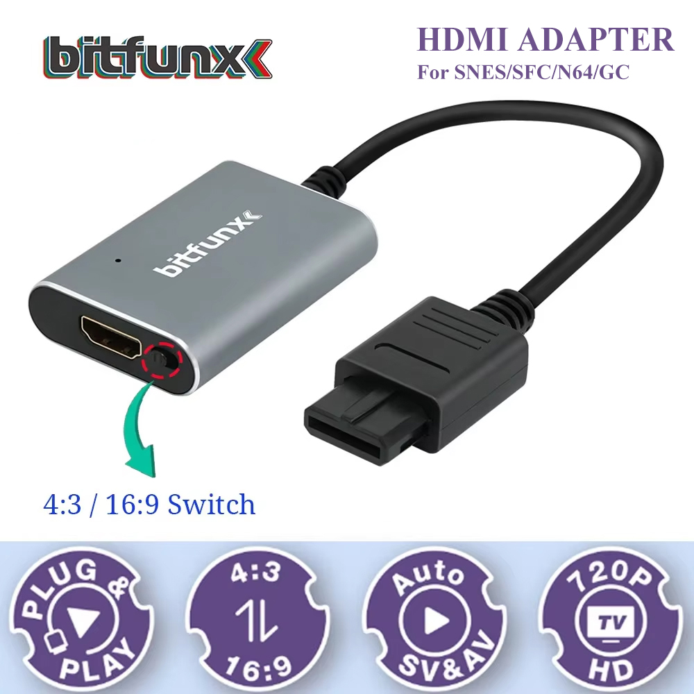 Retro Gaming Art - Bitfunx 720P Svideo/AV-HDMI 어댑터 N64/SFC/SNES/GameCube 지원용