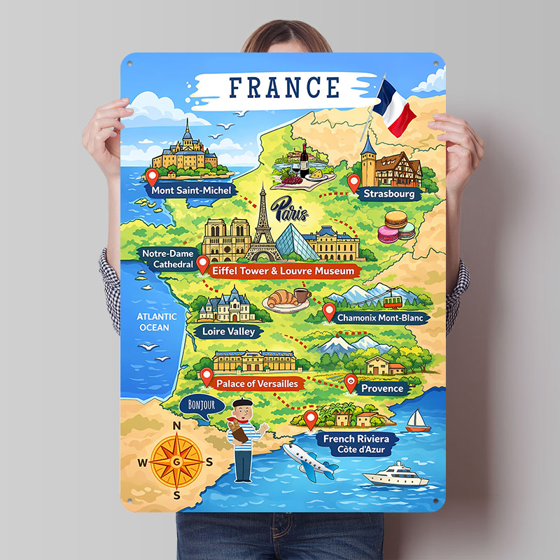 Retro Gaming France - 프랑스 여행 지도 만화 금속 포스터